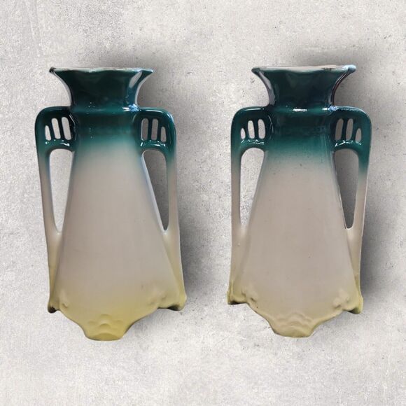 Pair Vintage Czechoslovakian Double Handle Bud Vases Hand Painted Roses Teal - Picture 3 of 8